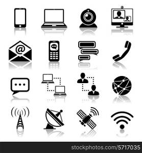 Communication media and network broadcasting icons black set isolated vector illustration