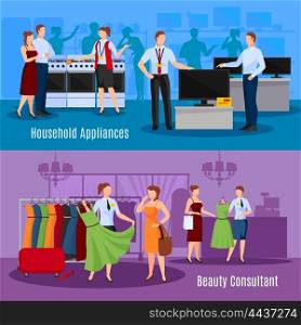 Communication Of Sellers With Customers Compositions. Communication of sellers with customers compositions with choice of clothes and household appliances isolated vector illustration