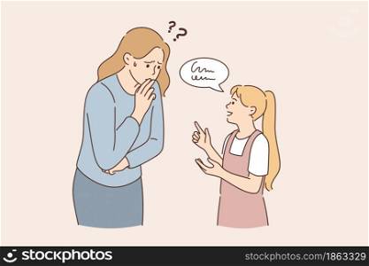 Communication problems and understanding concept. Small girl daughter standing talking explaining something to frustrated woman mother trying to understand vector illustration . Communication problems and understanding concept