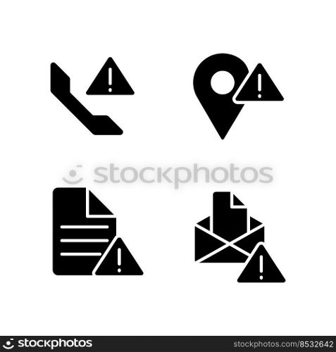 Communication problems black glyph icons set on white space. Document is not sent. Calling error. Messenger issue. Silhouette symbols. Solid pictogram pack. Vector isolated illustration. Communication problems black glyph icons set on white space