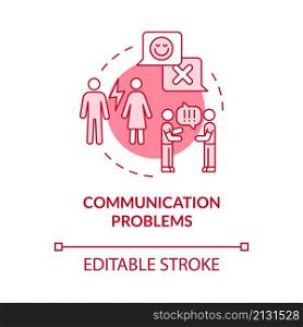 Communication problems pink concept icon. Relationship crisis. Divorce abstract idea thin line illustration. Isolated outline drawing. Editable stroke. Roboto-Medium, Myriad Pro-Bold fonts used. Communication problems pink concept icon
