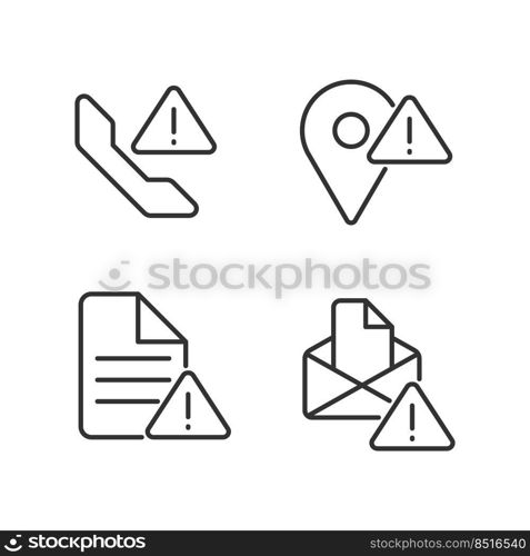 Communication problems pixel perfect linear icons set. Document is not sent. Calling error. Messenger issue. Customizable thin line symbols. Isolated vector outline illustrations. Editable stroke. Communication problems pixel perfect linear icons set