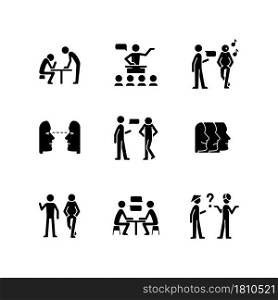 Communication process black glyph icons set on white space. Physical behavior. Public speech. Eye contact. Inattentive listener. Nonverbal signal. Silhouette symbols. Vector isolated illustration. Communication process black glyph icons set on white space