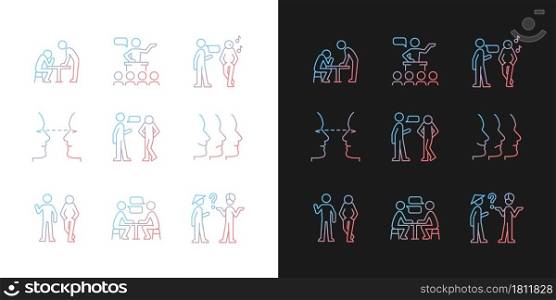 Communication process gradient icons set for dark and light mode. Physical behavior. Eye contact. Thin line contour symbols bundle. Isolated vector outline illustrations collection on black and white. Communication process gradient icons set for dark and light mode
