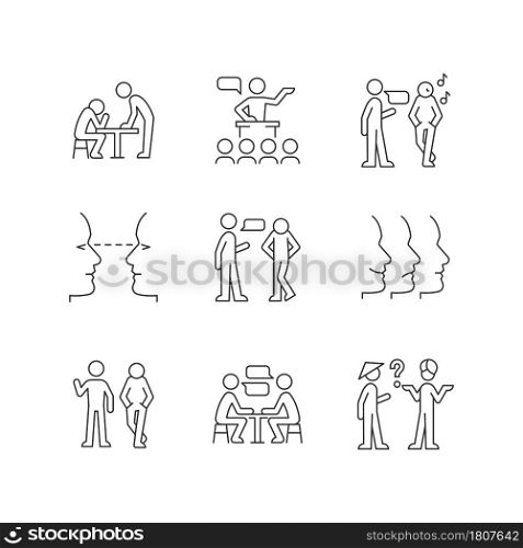Communication process linear icons set. Physical behavior. Public speech. Eye contact. Nonverbal signal. Customizable thin line contour symbols. Isolated vector outline illustrations. Editable stroke. Communication process linear icons set