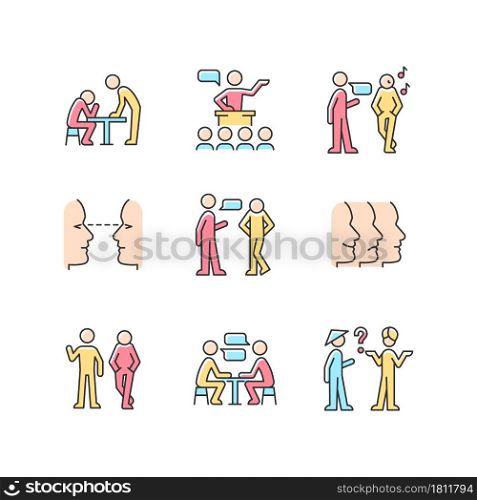 Communication process RGB color icons set. Physical behavior. Public speech. Eye contact. Inattentive listener. Nonverbal signal. Isolated vector illustrations. Simple filled line drawings collection. Communication process RGB color icons set