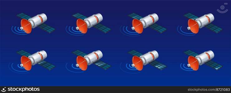 Communication satellite with antenna and abstract signal waves. Telecommunication or gps system station on Earth orbit, vector isometric animation sprite sheet. Isometric communication satellite with antenna