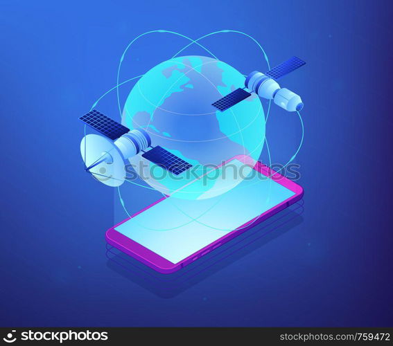 Communication satellites moving on orbit over smartphone. Global web connection, global network communication, satellite navigation system concept. Ultraviolet neon vector isometric 3D illustration.. Global web connection isometric 3D concept illustration.