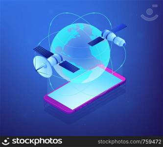 Communication satellites moving on orbit over smartphone. Global web connection, global network communication, satellite navigation system concept. Ultraviolet neon vector isometric 3D illustration.. Global web connection isometric 3D concept illustration.