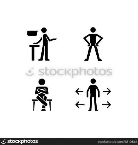 Communication skills black glyph icons set on white space. Confident speaking. Confidence body language. Crossed legs, arms. Personal space. Silhouette symbols. Vector isolated illustration. Communication skills black glyph icons set on white space