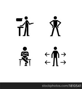 Communication skills black glyph icons set on white space. Confident speaking. Confidence body language. Crossed legs, arms. Personal space. Silhouette symbols. Vector isolated illustration. Communication skills black glyph icons set on white space