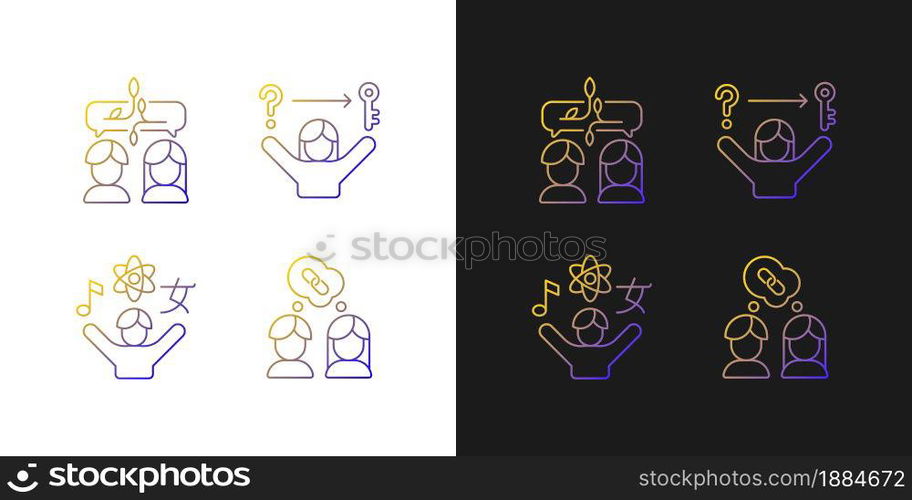 Communication skills gradient icons set for dark and light mode. Problem solving. Inquisitiveness. Thin line contour symbols bundle. Isolated vector outline illustrations collection on black and white. Communication skills gradient icons set for dark and light mode