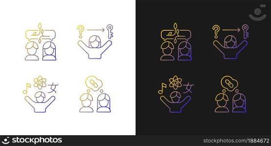 Communication skills gradient icons set for dark and light mode. Problem solving. Inquisitiveness. Thin line contour symbols bundle. Isolated vector outline illustrations collection on black and white. Communication skills gradient icons set for dark and light mode