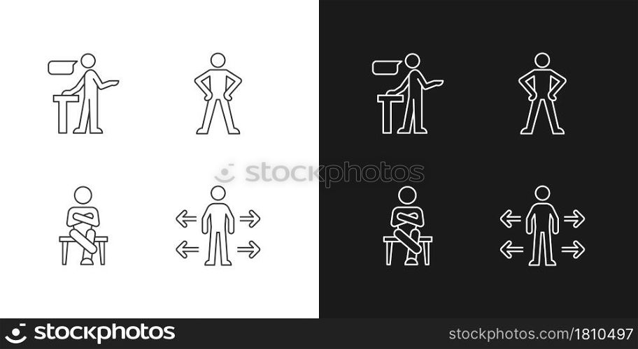 Communication skills linear icons set for dark and light mode. Confident speaking. Confidence body language. Customizable thin line symbols. Isolated vector outline illustrations. Editable stroke. Communication skills linear icons set for dark and light mode