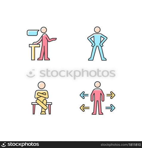 Communication skills RGB color icons set. Confident speaking. Confidence body language. Crossed legs, arms. Personal space. Isolated vector illustrations. Simple filled line drawings collection. Communication skills RGB color icons set