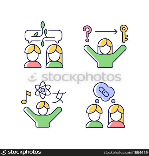 Communication skills RGB color icons set. Problem solving skills. Inquisitiveness. Understand and accept. Critical thinking. Isolated vector illustrations. Simple filled line drawings collection. Communication skills RGB color icons set