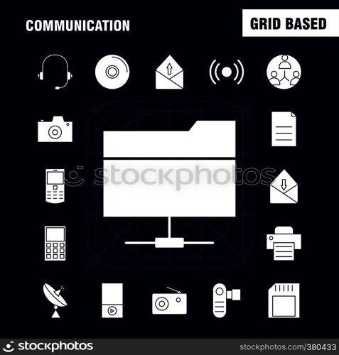 Communication Solid Glyph Icons Set For Infographics, Mobile UX/UI Kit And Print Design. Include: Laptop, Computer, Device, Electronics, Mobile, Chat, Sms, Communication, Collection Modern Infographic Logo and Pictogram. - Vector