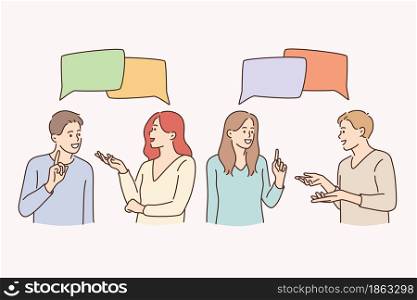 Communication, talking, chatting and discussion concept. Young people women and men standing talking with speech bubbles over feeling cheerful vector illustration . Communication, talking, chatting and discussion concept