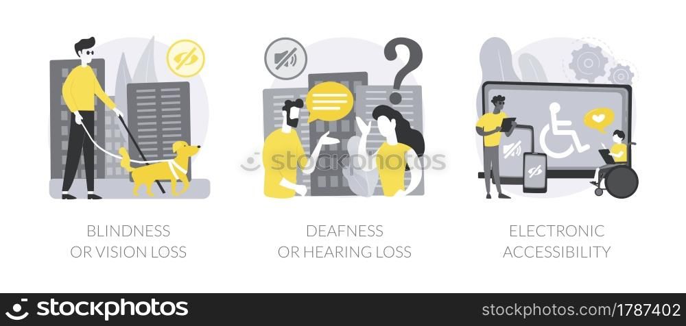 Communication technology for disabled people abstract concept vector illustration set. Blindness and vision loss, deafness, electronic device accessibility, hearing problem abstract metaphor.. Communication technology for disabled people abstract concept vector illustrations.