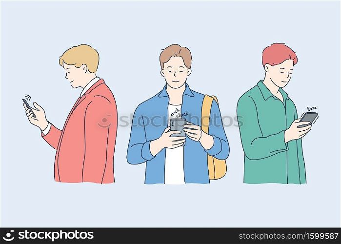 Communication, technology, media, friendship concept. Men guys teenagers friends characters chatting together in social network with smartphones. Youth culture modern lifestyle mobile phone addiction.. Communication, addiction, technology, social media, friendship concept.