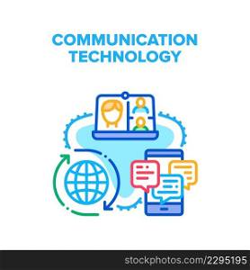 Communication Technology Vector Icon Concept. Messaging And Chatting On Smartphone, Video Calling On Laptop And Mobile Phone, Communication Technology For Worldwide Connection Color Illustration. Communication Technology Vector Color Illustration