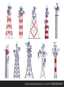 Communication tower. Cellular broadcasting tv wireless radio antena satellite construction vector pictures in cartoon style. Illustration of tower for radio communication, satellite antena. Communication tower. Cellular broadcasting tv wireless radio antena satellite construction vector pictures in cartoon style