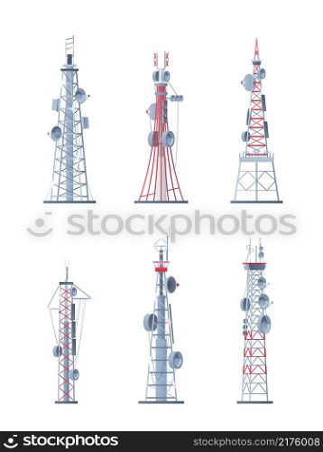 Communication towers. Technological modern network wireless systems telecommunication smart buildings garish vector pictures set isolated. Illustration wireless transmission antenna. Communication towers. Technological modern network wireless systems telecommunication smart buildings garish vector pictures set isolated