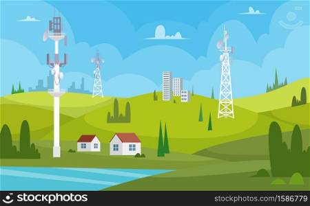 Communication towers. Wireless antennas cellular wifi radio station broadcasting internet channel receiver vector cartoon background. Illustration of connection antenna wireless, signal transmitter. Communication towers. Wireless antennas cellular wifi radio station broadcasting internet channel receiver vector cartoon background