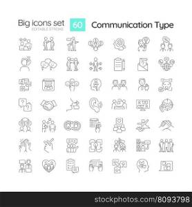 Communication type linear icons set. Social interaction. Project management. Information transmission. Customizable thin line symbols. Isolated vector outline illustrations. Editable stroke. Communication type linear icons set