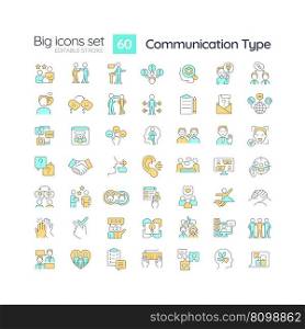 Communication type RGB color icons set. Social interaction. Project management. Information transmission. Isolated vector illustrations. Simple filled line drawings collection. Editable stroke. Communication type RGB color icons set