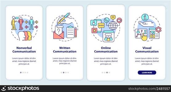Communication types onboarding mobile app screen. Nonverbal and written walkthrough 4 steps graphic instructions pages with linear concepts. UI, UX, GUI template. Myriad Pro-Bold, Regular fonts used. Communication types onboarding mobile app screen