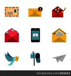 Communication via internet icons set. Flat illustration of 9 communication via internet vector icons for web. Communication via internet icons set, flat style
