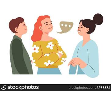 Communication with peers, woman talking to colleagues or friends, family members or relatives. Female character leading conversation and sharing news with teenager students. Vector in flat style. Woman talking to family or friends, communication