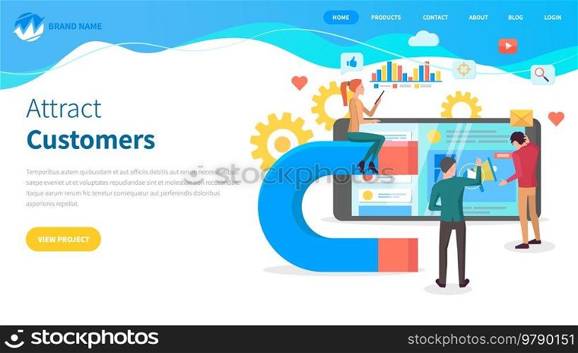 Communication with people, attracting customers, increase popuarity of site. Website template, landing page with magnet in flat style. Colleagues work in marketing, advertise internet program. Communication with people, attracting customers, increase popuarity of website, inbound marketing