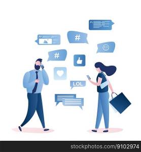 Communication with smartphones,walking male and female characters,social network signs and marks,trendy style vector illustration