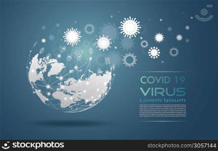 Communications about epidemic spread around the world. Technology wireless network globe communications system for Covid 19 virus, cell infect organism, Vector 3d illustration abstract viral disease.
