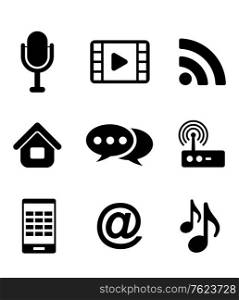 Communications and multimedia icons with a microphone, wifi, web, film, video, tablet, network and music notes
