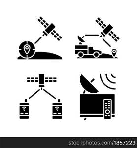 Communications satellites black glyph icons set on white space. Navigation, military satelites. Global telecommunications network connection. Silhouette symbols. Vector isolated illustration. Communications satellites black glyph icons set on white space