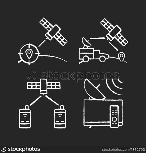 Communications satellites chalk white icons set on dark background. Navigation, military satelites. Global telecommunications network connection. Isolated vector chalkboard illustrations on black. Communications satellites chalk white icons set on dark background