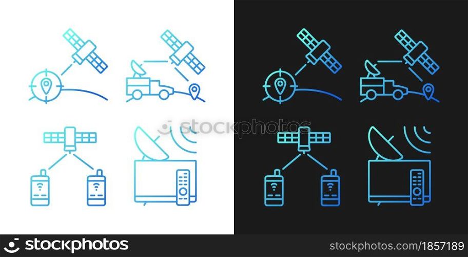 Communications satellites gradient icons set for dark and light mode for dark and light mode. Thin line contour symbols bundle. Isolated vector outline illustrations collection on black and white. Communications satellites gradient icons set for dark and light mode for dark and light mode