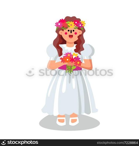Communion Girl Wearing Ceremonial Dress Vector. Smiling Happy Girl With Flower Crown On Head And Holding Bouquet Wear Festival Celebration Clothes. Character Flat Cartoon Illustration. Communion Girl Wearing Ceremonial Dress Vector