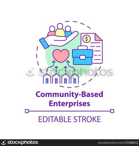 Community based enterprises concept icon. Social entrepreneurship abstract idea thin line illustration. Focused on social issues solutions. Vector isolated outline color drawing. Editable stroke. Community based enterprises concept icon