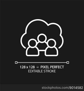 Community cloud pixel perfect white linear icon for dark theme. Share information between partners. Public access to server. Thin line illustration. Isolated symbol for night mode. Editable stroke. Community cloud pixel perfect white linear icon for dark theme