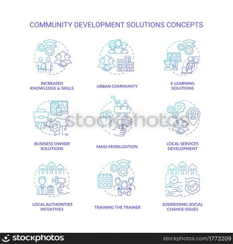 Community development solutions concept icons set. Addressing social change issues idea thin line color illustrations. Urban community. Local services development. Vector isolated outline drawings. Community development solutions concept icons set