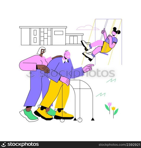 Community facilities abstract concept vector illustration. Public places, health centre, group of seniors, retirement home, kids playground, cultural activity, assisted nursing abstract metaphor.. Community facilities abstract concept vector illustration.