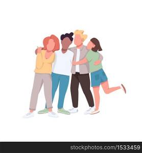 Community flat color vector faceless characters. Close friendship. Woman and man hug together. Multi racial unity isolated cartoon illustration for web graphic design and animation. Community flat color vector faceless characters