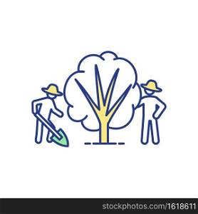 Community garden RGB color icon. Tree cultivation. Farmer with shovel. Gardeners caring for plant. Ranch workers. Farmland people. Fruit bush cultivation. Isolated vector illustration. Community garden RGB color icon