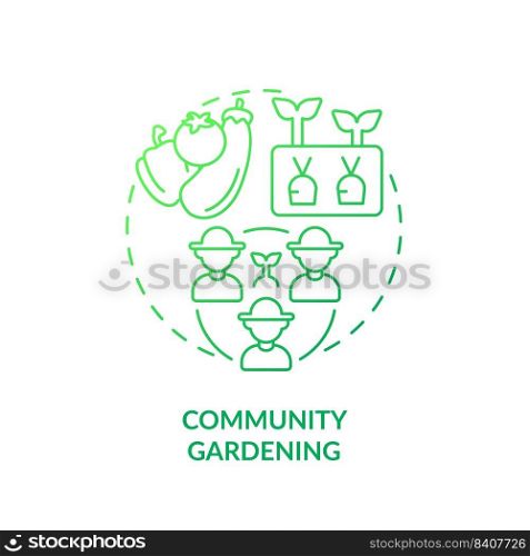 Community gardening green gradient concept icon. Group of people. Social activity. Gardening type abstract idea thin line illustration. Isolated outline drawing. Myriad Pro-Bold font used. Community gardening green gradient concept icon