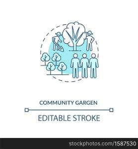 Community gargen concept icon. Healthy foods production places. Inovational gardening. Urban farming idea thin line illustration. Vector isolated outline RGB color drawing. Editable stroke. Community gargen concept icon