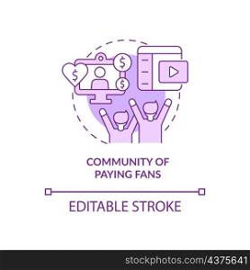 Community of paying fans purple concept icon. Audience support. Donations abstract idea thin line illustration. Isolated outline drawing. Editable stroke. Roboto-Medium, Myriad Pro-Bold fonts used. Community of paying fans purple concept icon